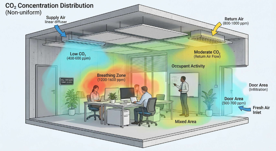不同通风方式下房间内CO2分布不均匀示意图