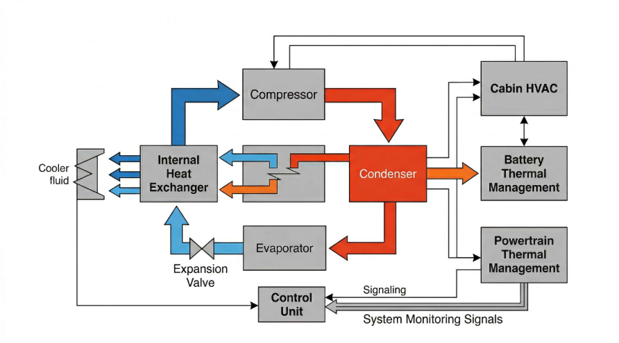 R290 在电动车热管理系统中的热泵回路示意图