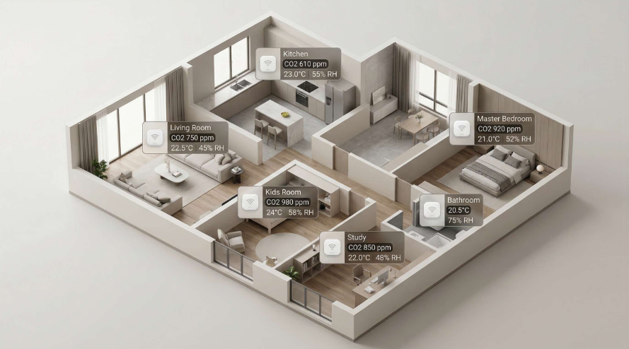 不同房间显示不同空气质量数值的多房间可视化图